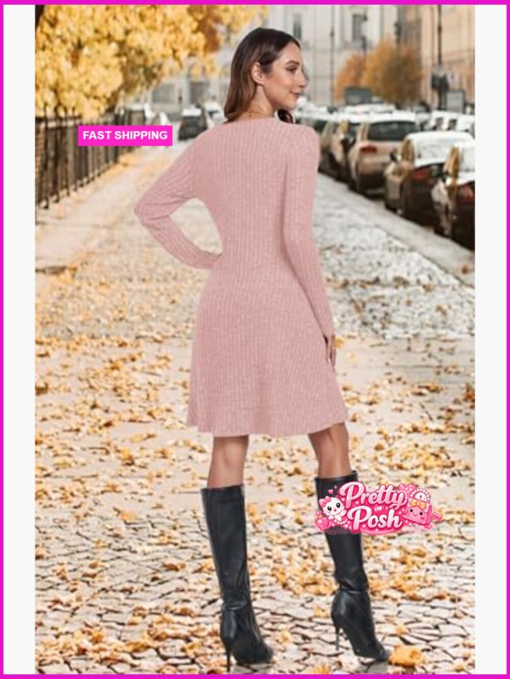 Long Sleeve Ribbed Knit Button Down V Neck Sweater Dress Casual Fall - Picture 4 of 7